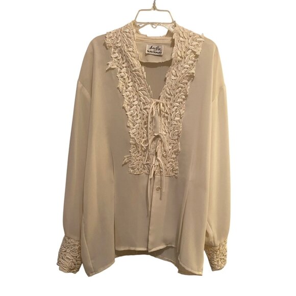 Vintage Andreé Gaye Cream Blouse With Lace Details & Tie Front Large - Picture 1 of 10